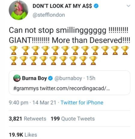 Stefflon Don Congratulates Burna Boy On His Grammy Win