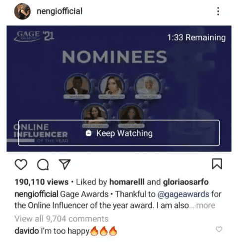 Bbnaija: Davido reacts as Nengi beat Erica to win Gage’s online influencer of the year