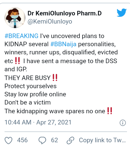 “There’s a plan to kidnap BBNaija winners” – Kemi Olunloyo claims