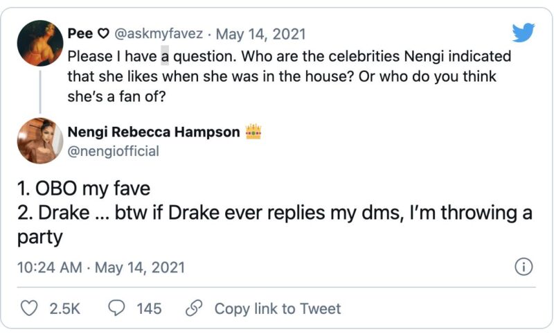 Bbnaija: Nengi reveals what she will do if Drake replies her message