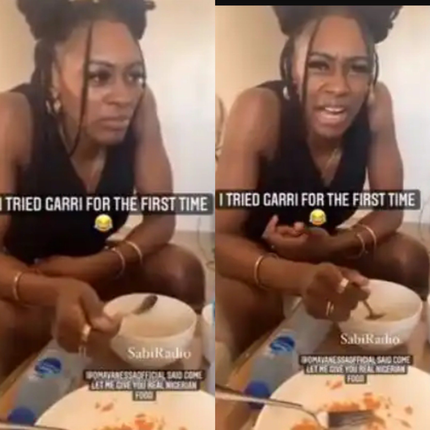 BBNaija star Mike Edward’s wife Perri reacts as she takes Garri for the first time