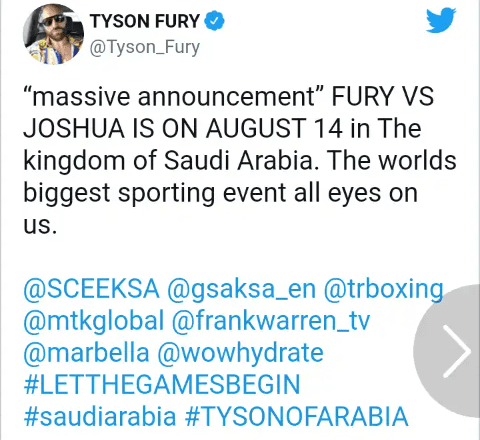 Date and location of Joshua vs Fury fight finally confirmed