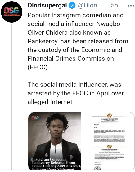 Instagram comedian Pankeeroy released from EFCC custody
