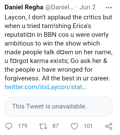 Bbnaija: Go and apologize to Erica - Twitter user advices Laycon