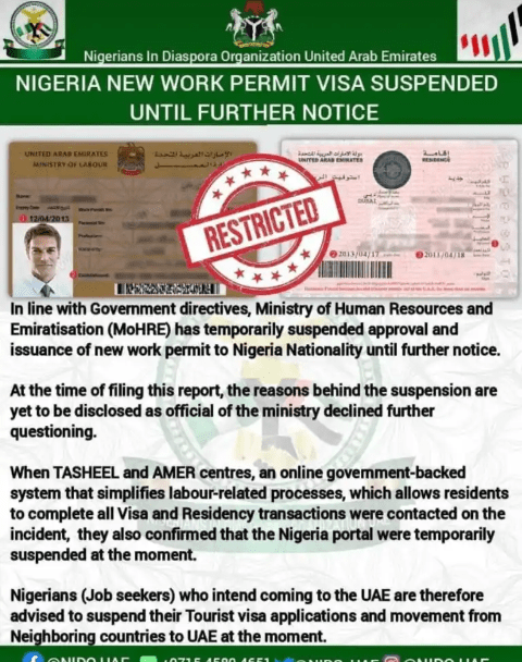 UAE suspends direct employment visa for Nigerians over rising crimes