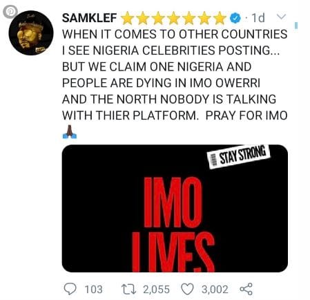 Samklef calls out Nigerian celebrities for ignoring Imo crisis