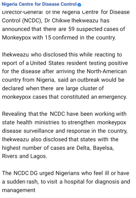 Monkeypox: NCDC registers 15 new cases