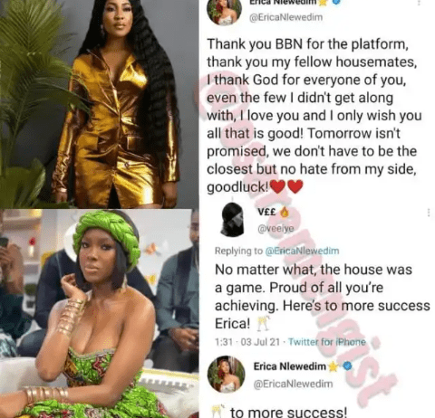 Bbnaija Reunion: Vee and Erica now getting along with each other