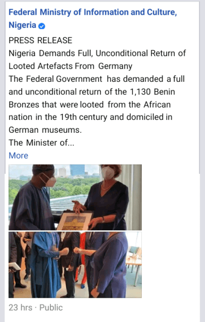 Nigeria demands return of looted artefacts from Germany