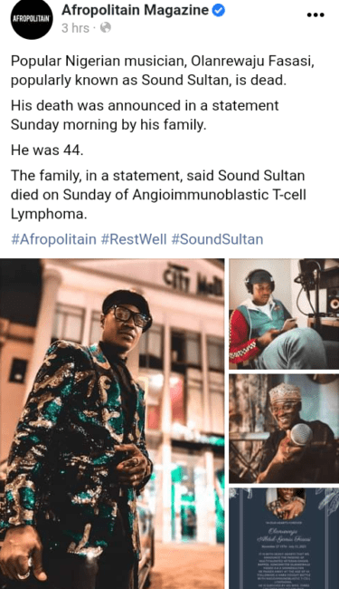 Popular Nigerian musician Sound Sultan dies of rare cancer