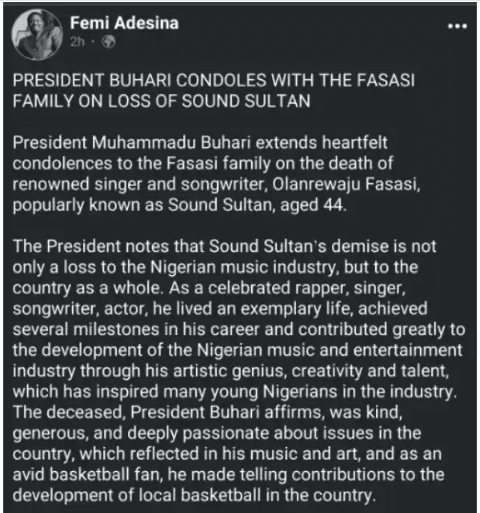 President Muhammadu Buhari mourns renowned singer Sound Sultan