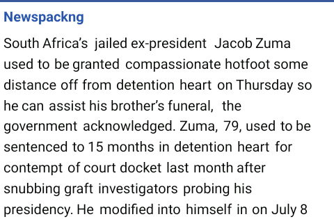 Jailed Zuma To Attend Brother’s Funeral -South African Govt