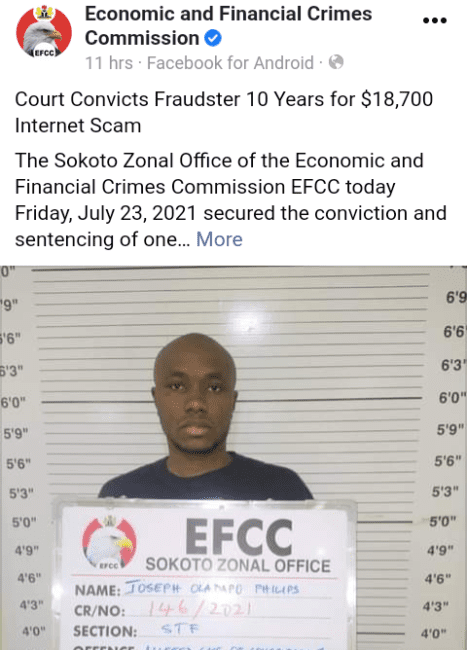 EFCC: Nigerian undergraduate bags 10-year jail term for cyber fraud