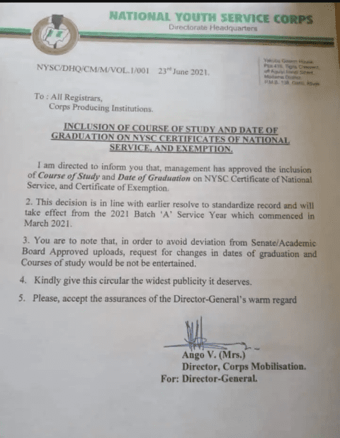 Nigeria: NYSC certificate to bear graduation date, course of study