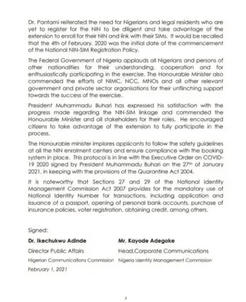Nigeria: FG gives new deadline for NIN-SIM verification