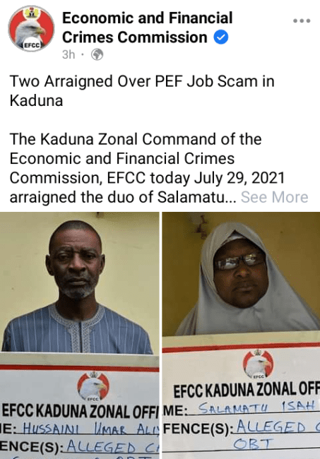 EFCC: Two people arrested over job scam