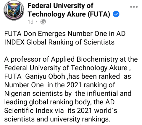 FUTA professor ranked Nigeria’s best researcher