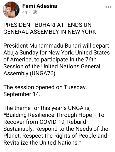 Nigeria: Buhari to leave for UN General Assembly in New York