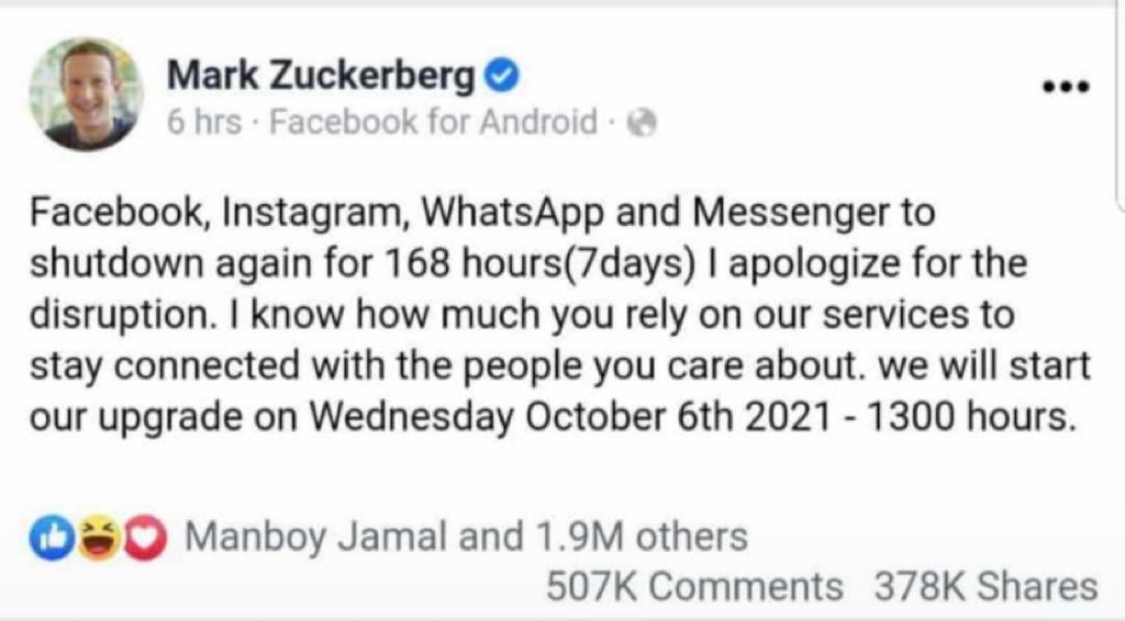 Facebook, Instagram, WhatsApp and Messenger to Shutdown for 7days