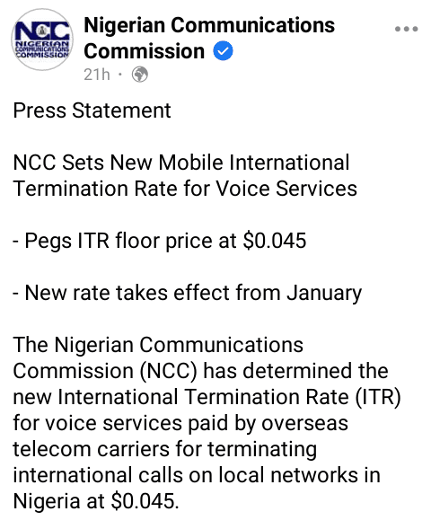 Nigerian telcos to receive termination rate on international calls in dollars from January - NCC