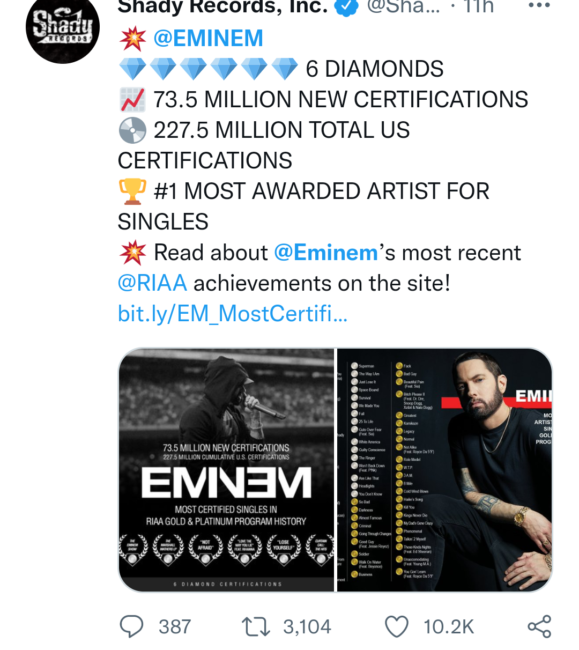 Eminem becomes Highest selling and Most Certified Artist in RIAA History with 73.5M new certifications