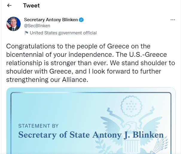 The United States regards Greece as a "key partner and NATO ally." Blinken says