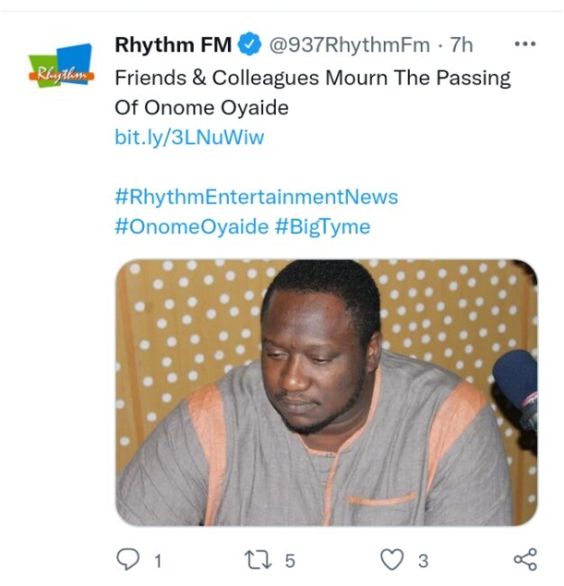 Rhythm FM OAP Onome Oyaide dies