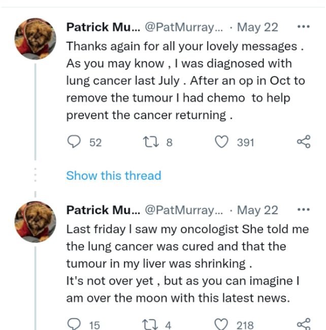 Actor Patrick Murray announces 'being cured of cancer'