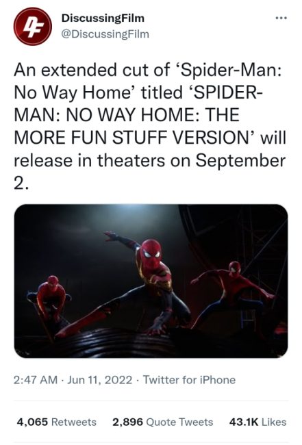 'Spider-Man: No Way Home' extended cut to be released in theaters on September 2