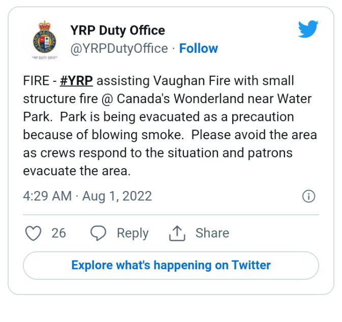 Breaking: Small structure fire erupts at Canada's Wonderland