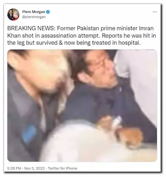 Breaking: Former prime minister Imran Khan sustains 'gunshot injury' as he escapes failed 'assassination attempt' in Pakistan