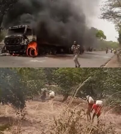 Youths steal bags of cement from a burning truck in Benue