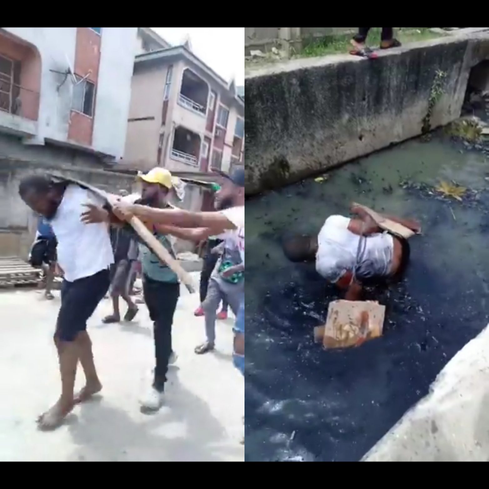 Outrage as man is tied up and beaten with bottles and planks before being thrown in gutter for allegedly being gay in Nigeria (video)